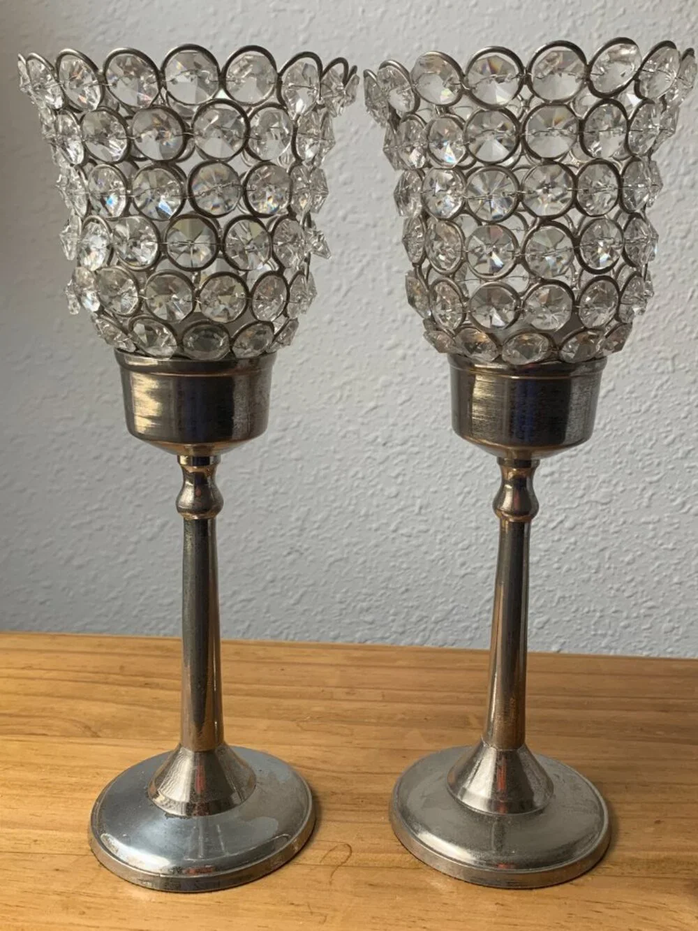 2 Pc Crystal Beaded Candle Holders Silver Tone Metal Pillar Stand Vintage Decor